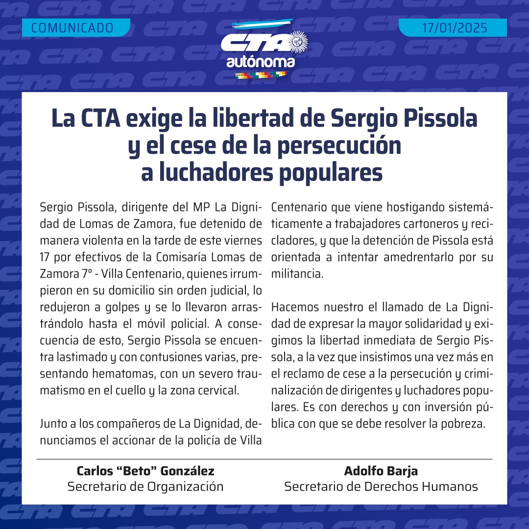 El MP: hará una concentración el 19/1 por el pedido de libertar a Sergio Pissola